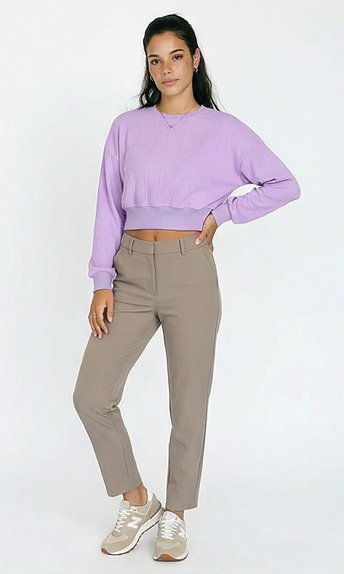 R215301 - Casual Self Striped Cropped Sweatshirt - Light Purple