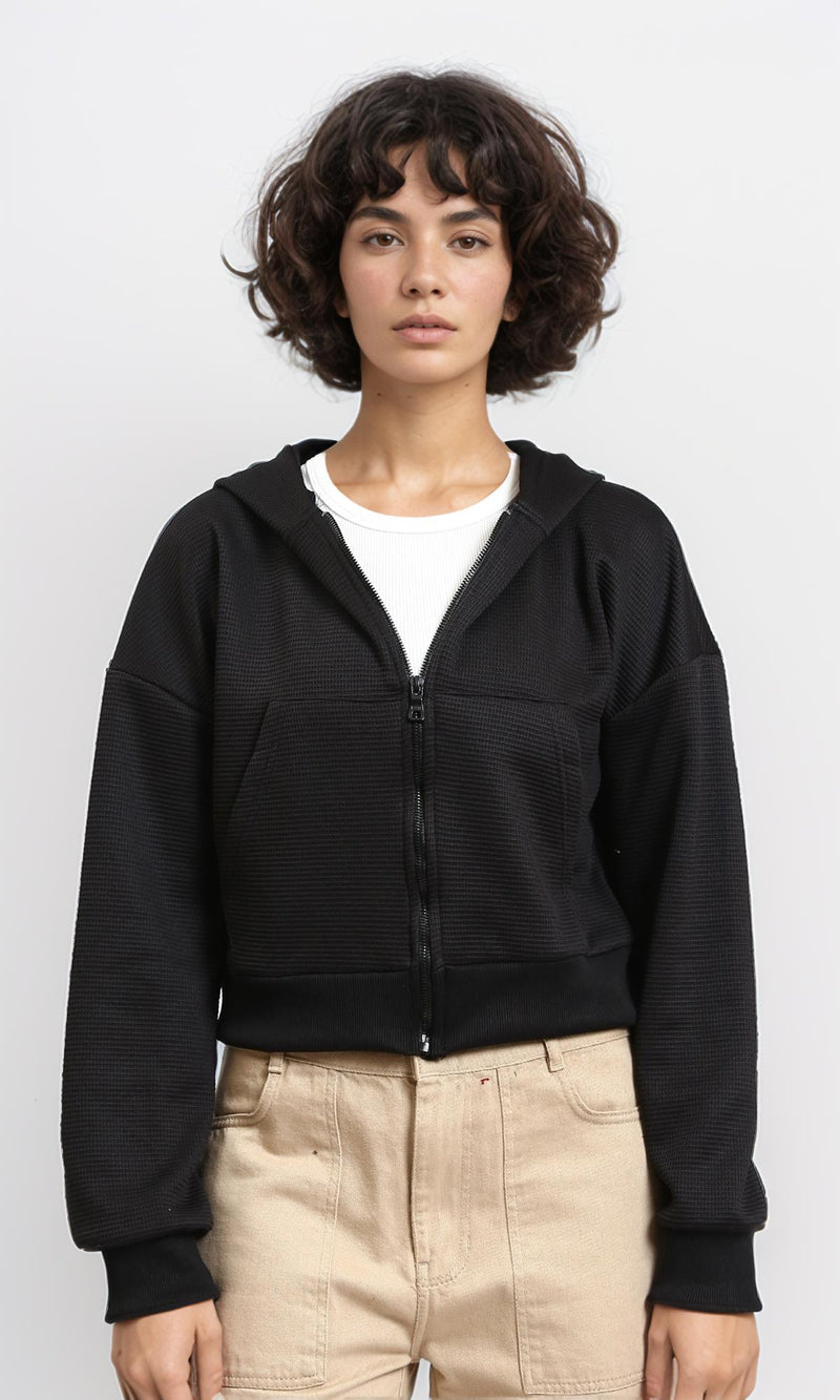 R215302 - Casual Ribbed Zipped Short Hoodie - Black