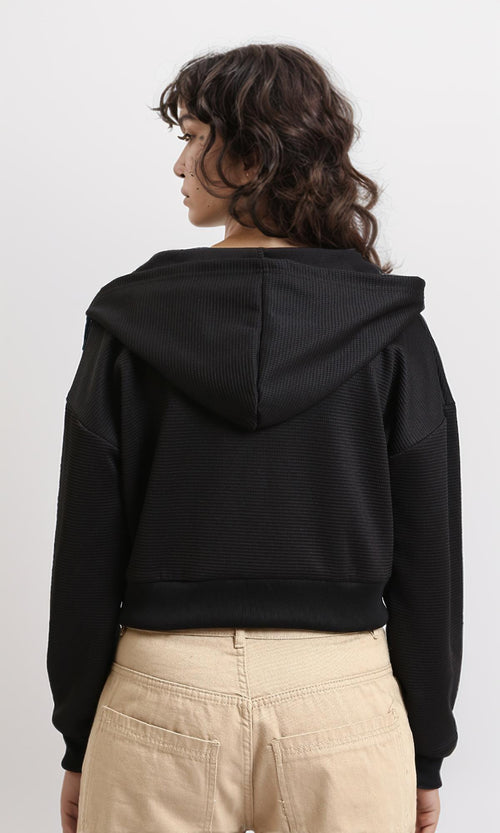 R215302 - Casual Ribbed Zipped Short Hoodie - Black