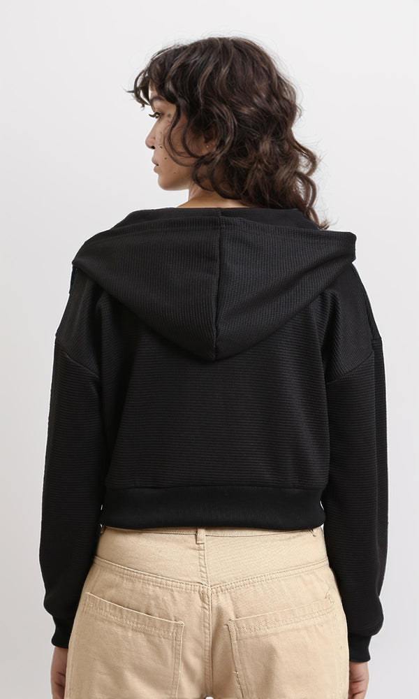 R215302 - Casual Ribbed Zipped Short Hoodie - Black
