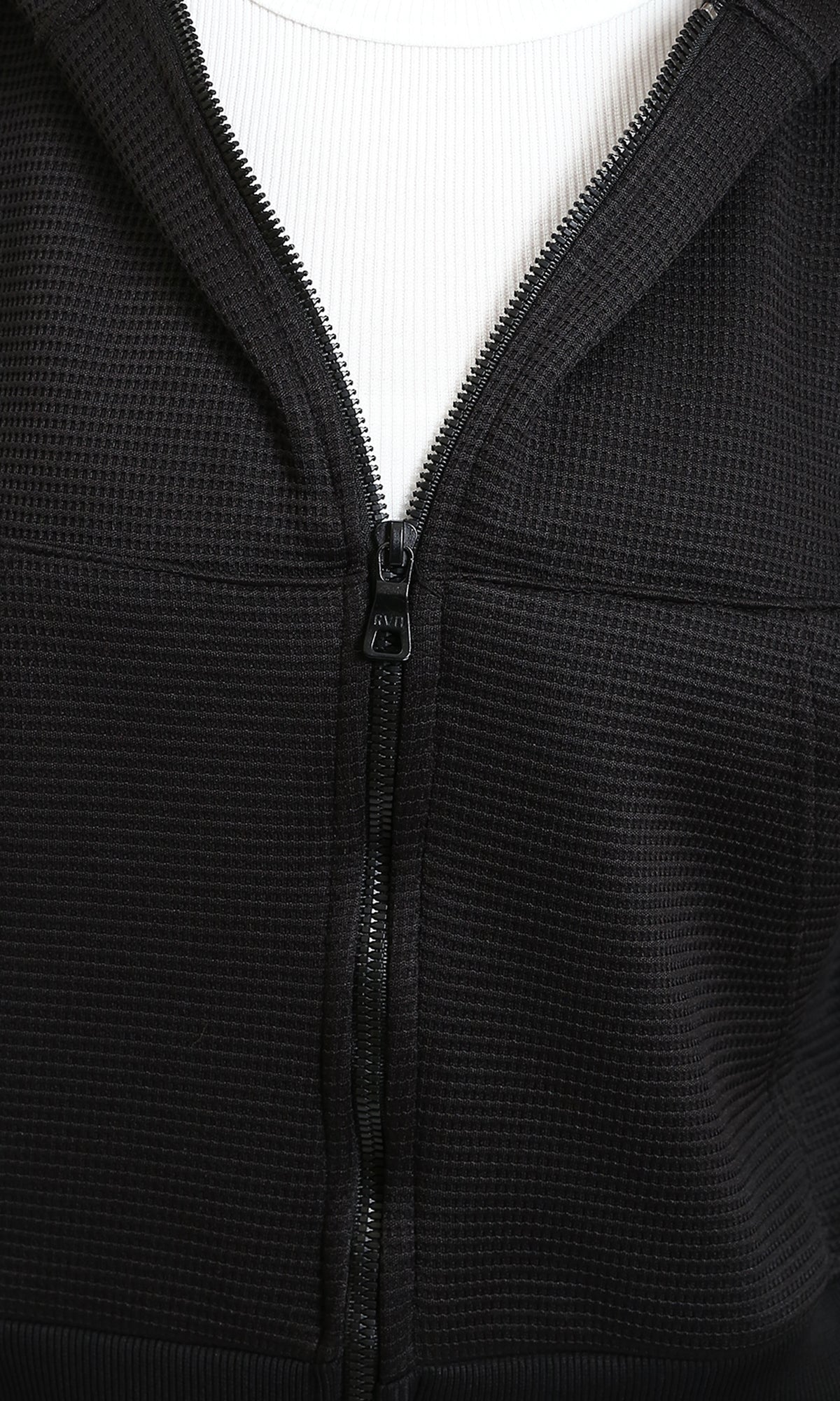 R215302 - Casual Ribbed Zipped Short Hoodie - Black