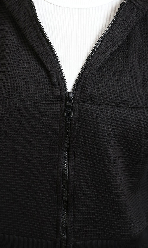 R215302 - Casual Ribbed Zipped Short Hoodie - Black