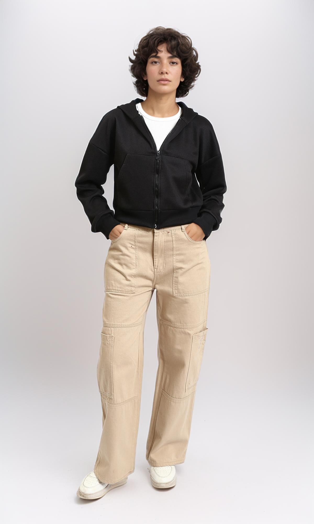 R215302 - Casual Ribbed Zipped Short Hoodie - Black