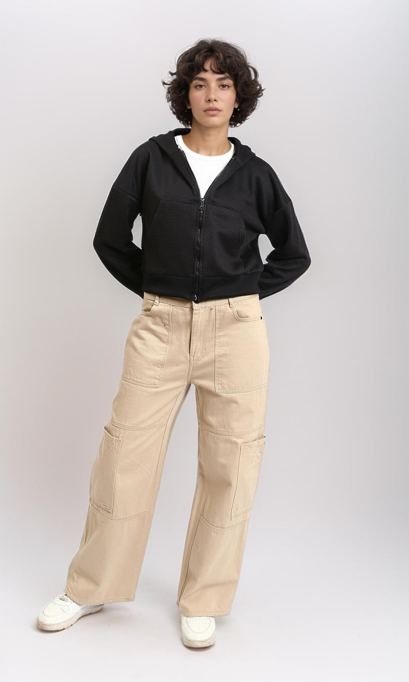 R215302 - Casual Ribbed Zipped Short Hoodie - Black