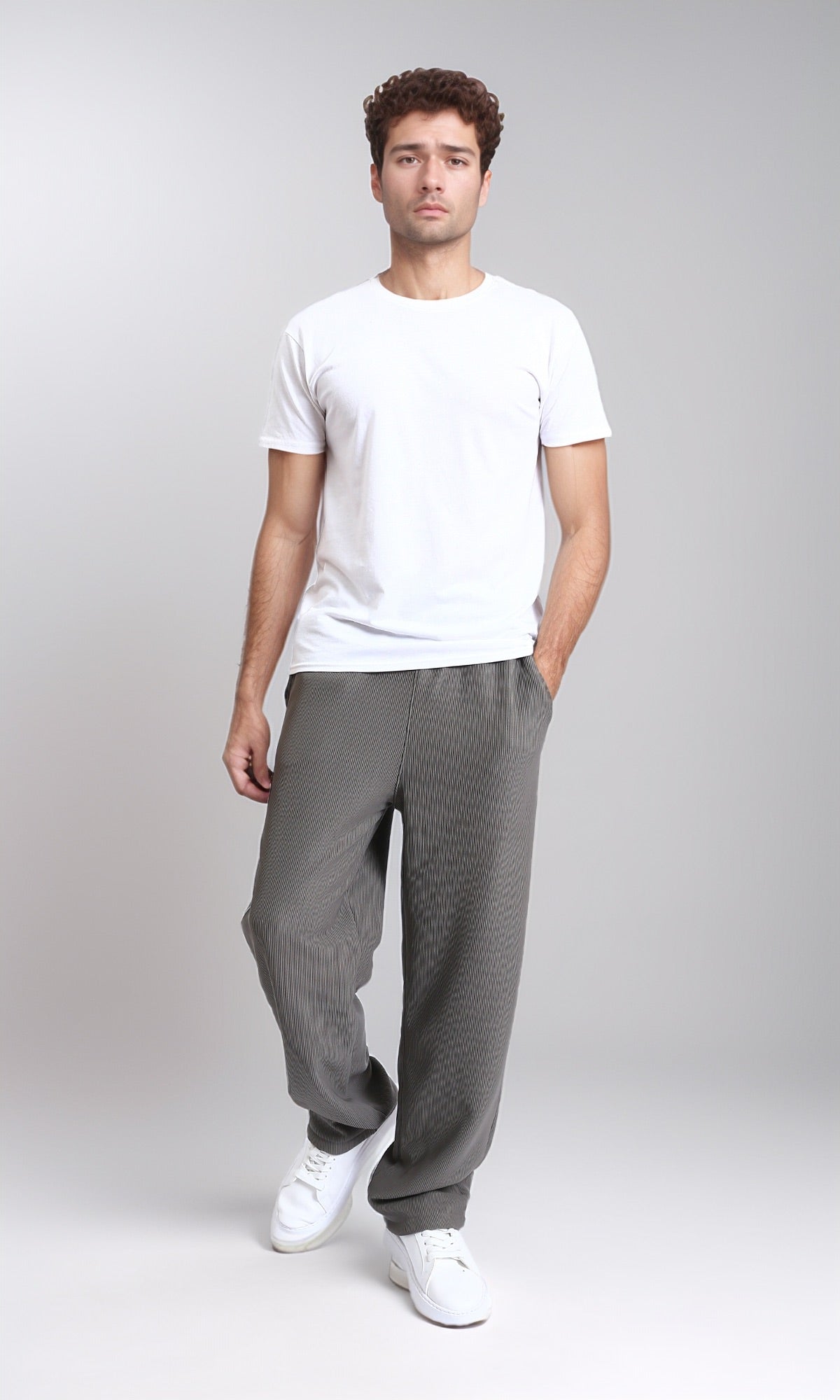 R215318 - Slip On Ribbed Drawstring Pants - Medium Grey
