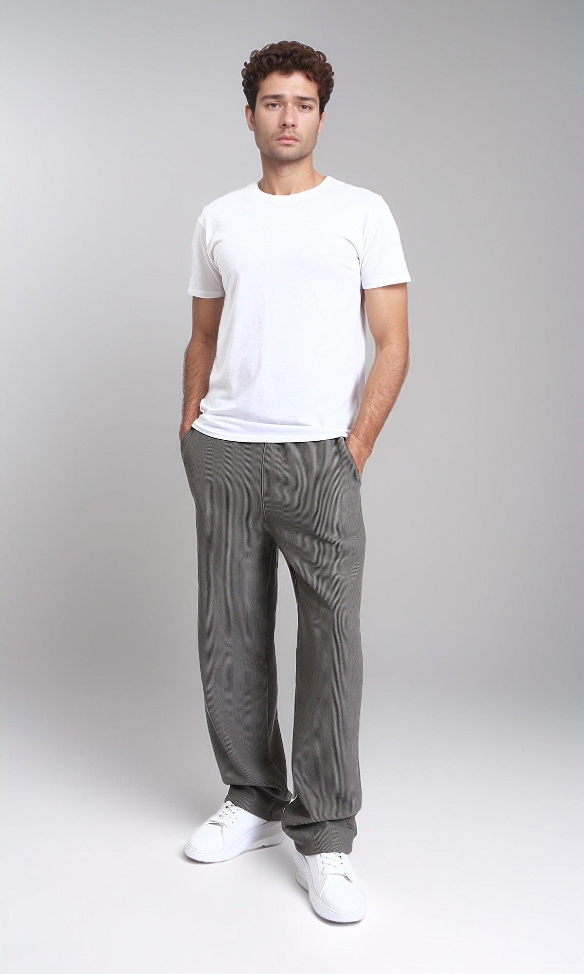 R215318 - Slip On Ribbed Drawstring Pants - Medium Grey