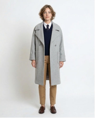 Oversized Double-Breasted Wool-Blend Overcoat In Heather Grey