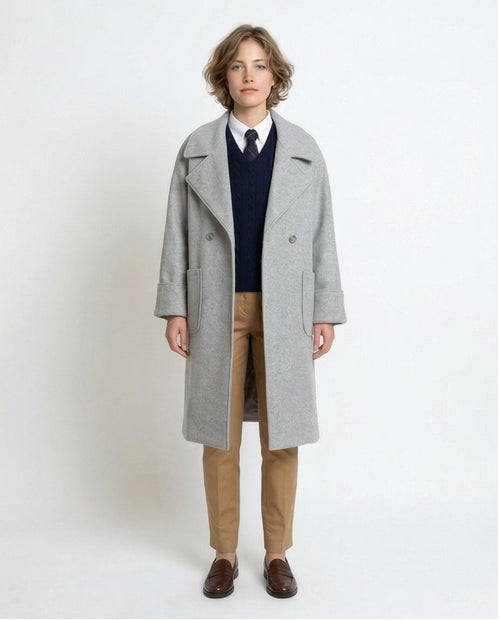 Ravin Oversized Double-Breasted Wool-Blend Overcoat in Heather Grey - R215320