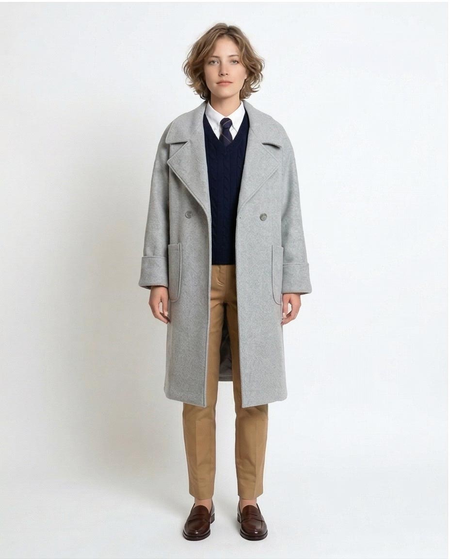 Ravin Oversized Double-Breasted Wool-Blend Overcoat in Heather Grey - R215320