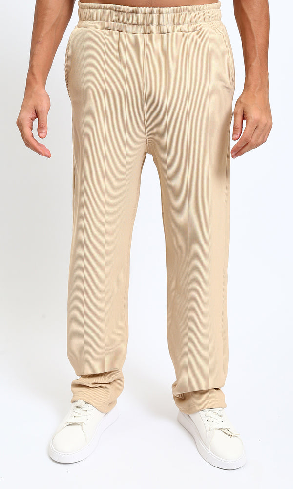 R215335 - Elastic Waist Comfy Ribbed Pants - Beige