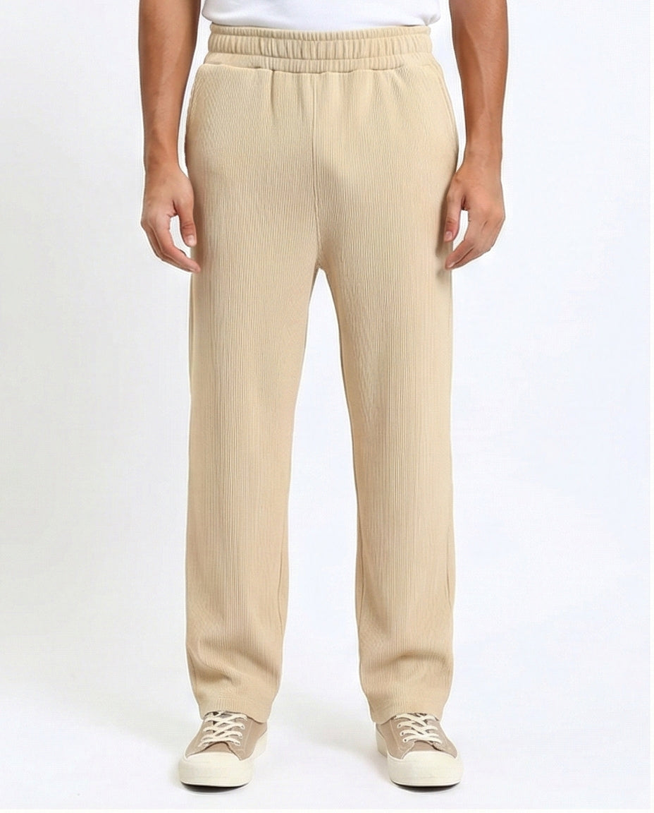 Elastic Waist Comfy Ribbed Pants - Beige