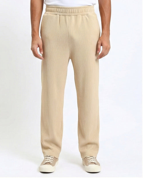Elastic Waist Comfy Ribbed Pants - Beige