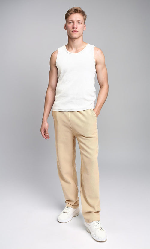 R215335 - Elastic Waist Comfy Ribbed Pants - Beige