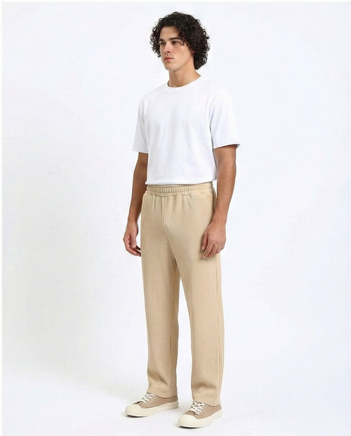 R215335 - Elastic Waist Comfy Ribbed Pants - Beige