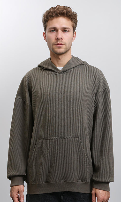 R215381 - Ribbed Hoodie with Kangaroo Pocket - Dark Grey