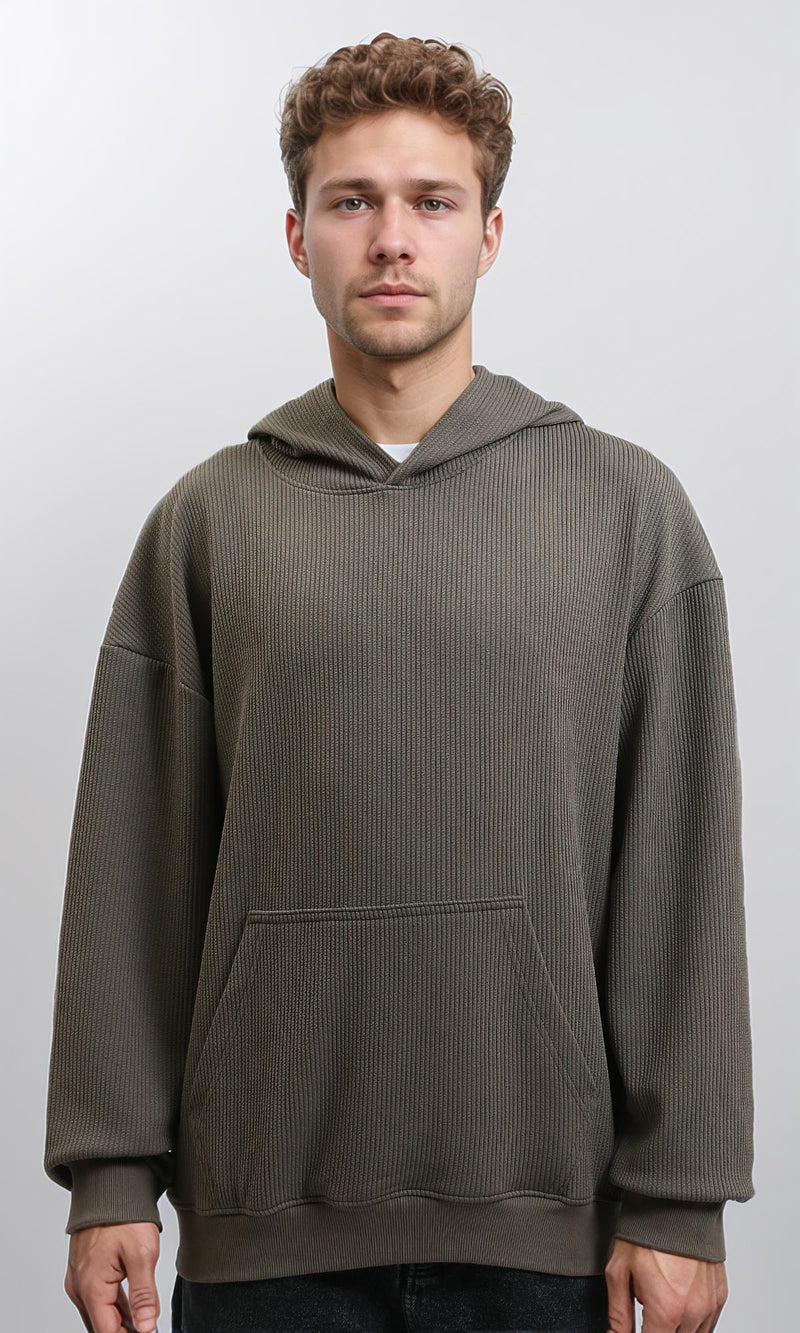 R215381 - Ribbed Hoodie with Kangaroo Pocket - Dark Grey