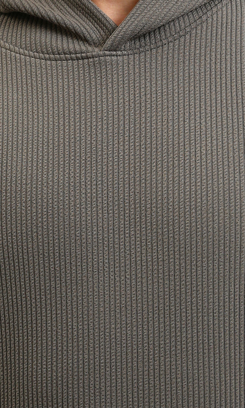 R215381 - Ribbed Hoodie with Kangaroo Pocket - Dark Grey