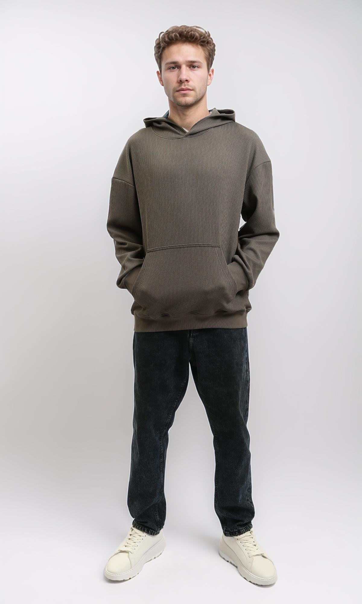 R215381 - Ribbed Hoodie with Kangaroo Pocket - Dark Grey