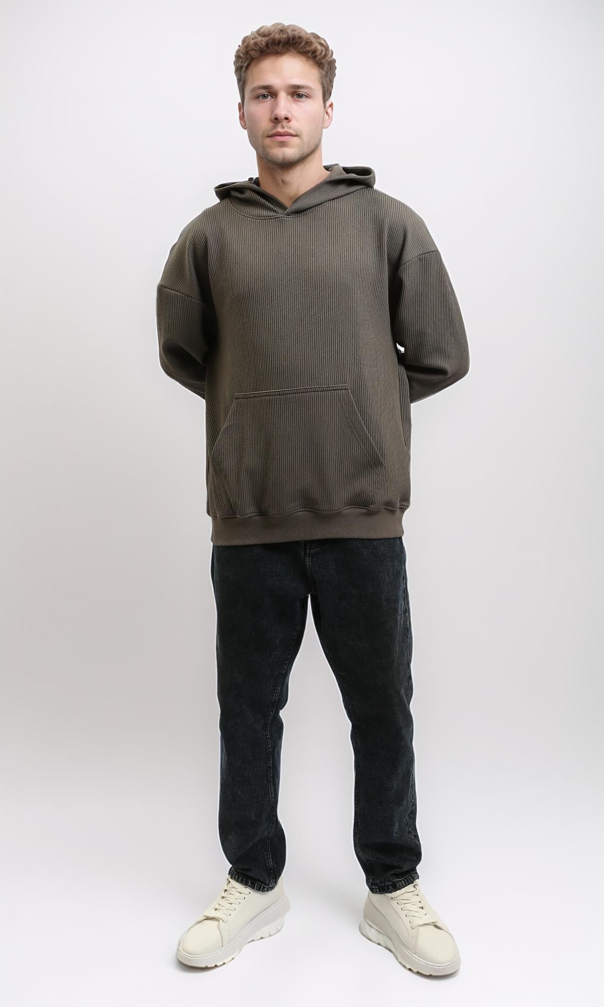 R215381 - Ribbed Hoodie with Kangaroo Pocket - Dark Grey