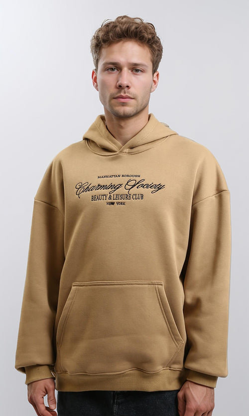 R215544 - Front Embroidery Slip On Hoodie - Dark Camel