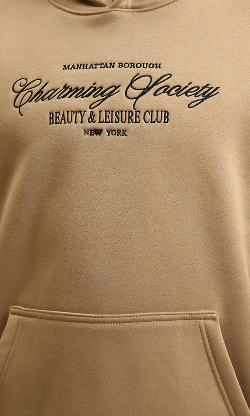 R215544 - Front Embroidery Slip On Hoodie - Dark Camel