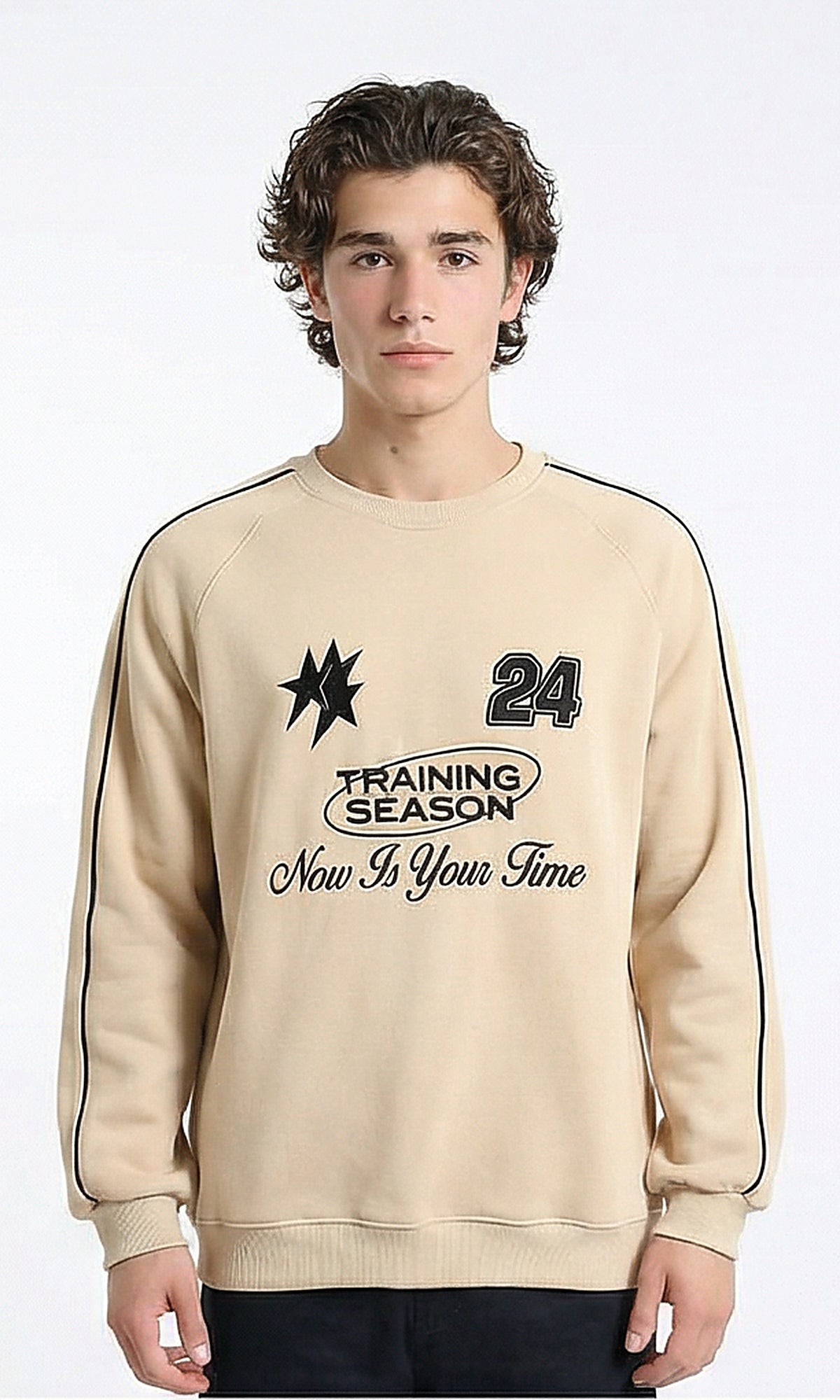 Ribbed Crew Neck Stitched Sweatshirt - Light Beige