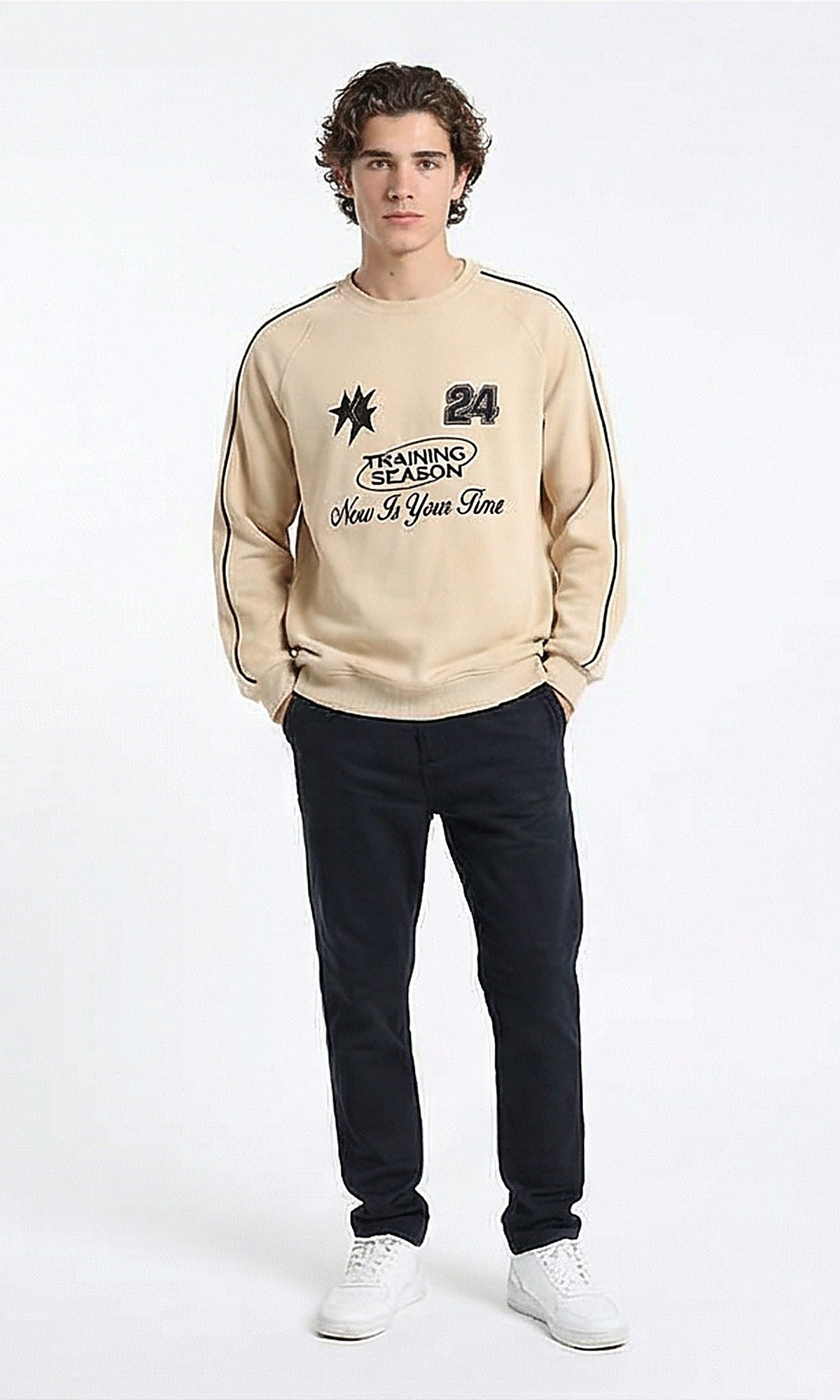 R215545 - Ribbed Crew Neck Stitched Sweatshirt - Light Beige