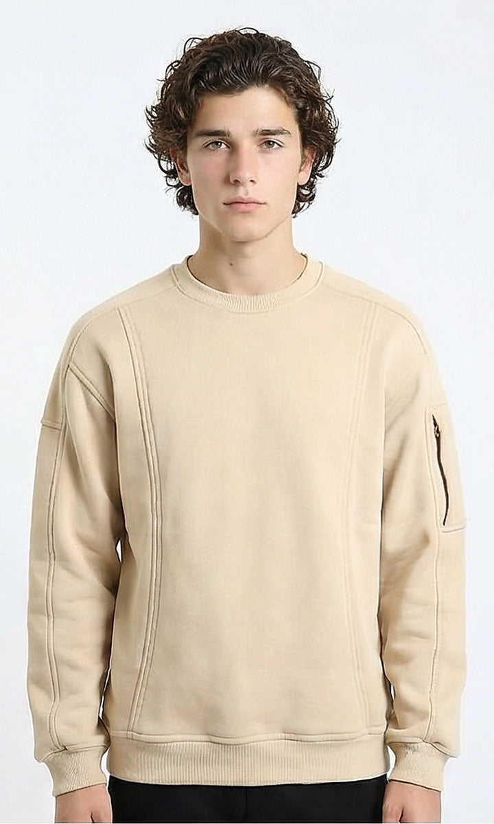 Slip On Comfy Sweatshirt with Sleeve Pocket - Light Beige
