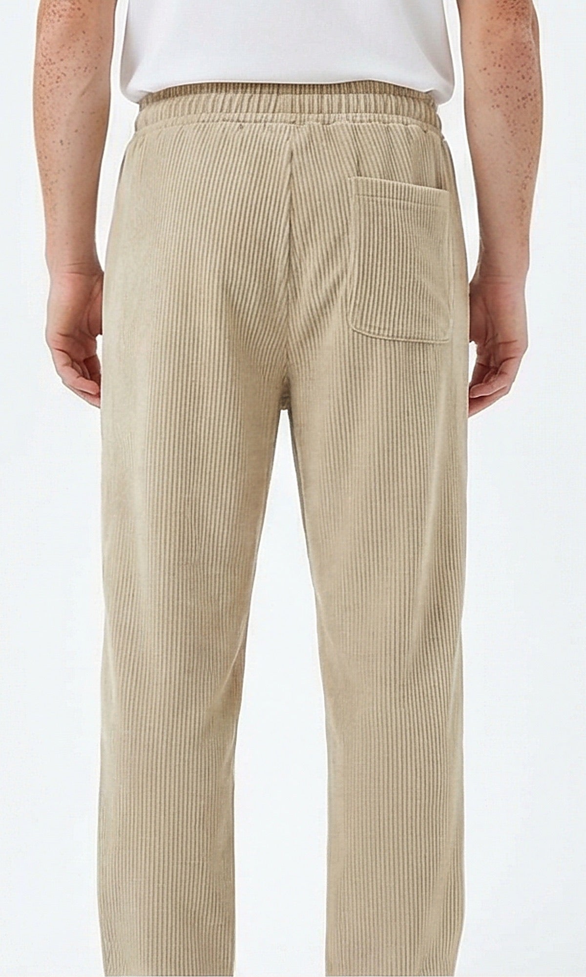 Beige Ribbed Elastic-Waist Casual Trousers