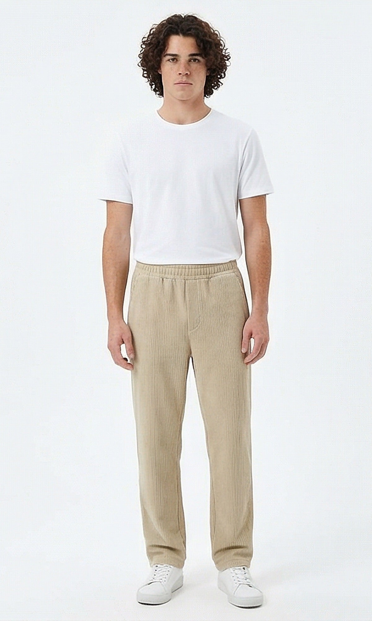 Beige Ribbed Elastic-Waist Casual Trousers