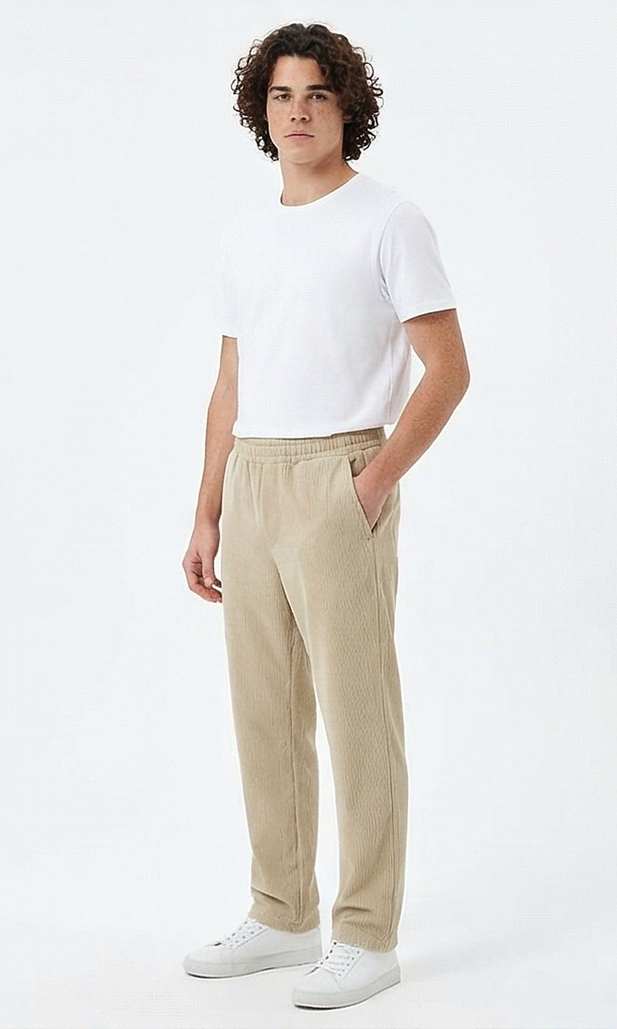 Beige Ribbed Elastic-Waist Casual Trousers