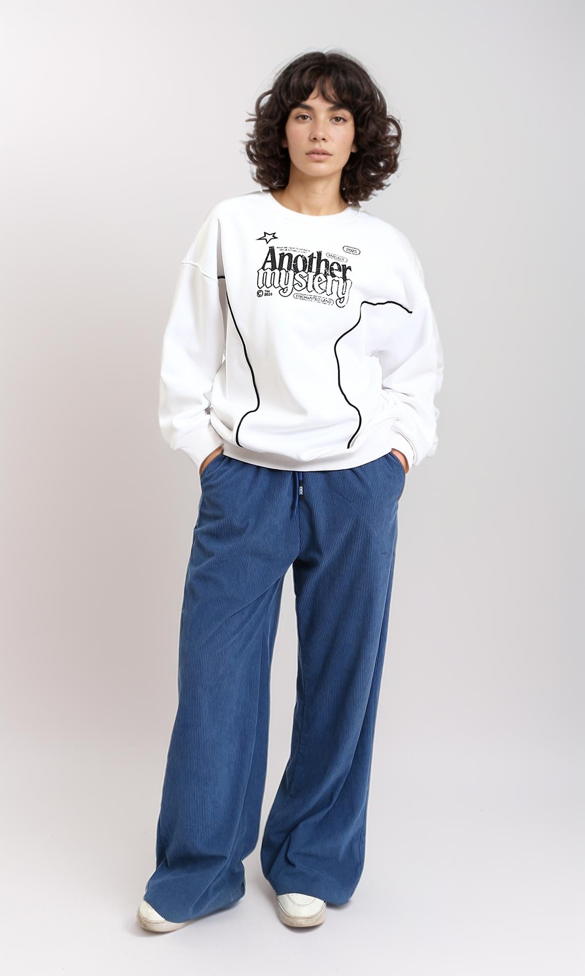 White Printed "Another Mystery" Oversized Sweatshirt - R215555