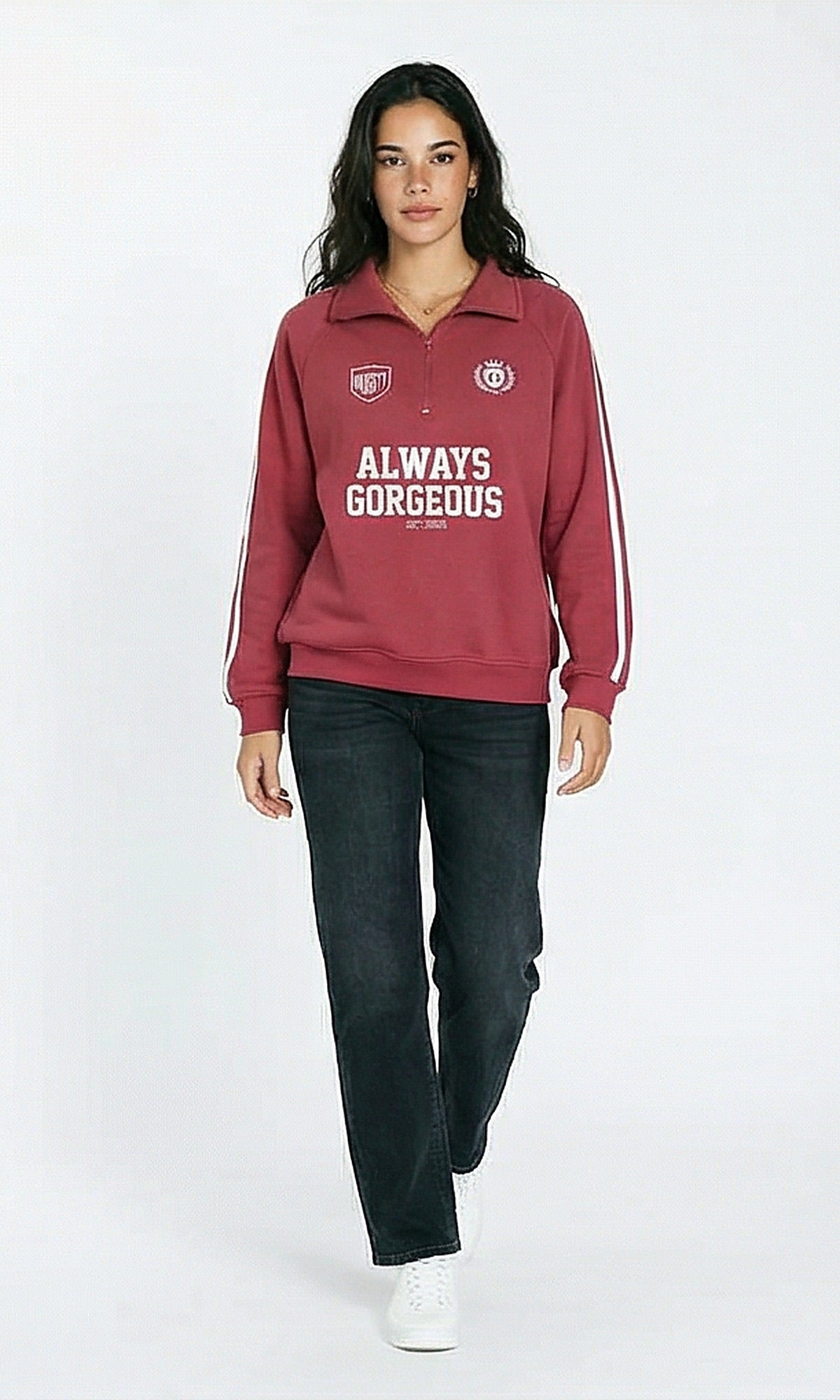 R215557 - Zipped Neck Printed Winter Sweatshirt - Ruby Red