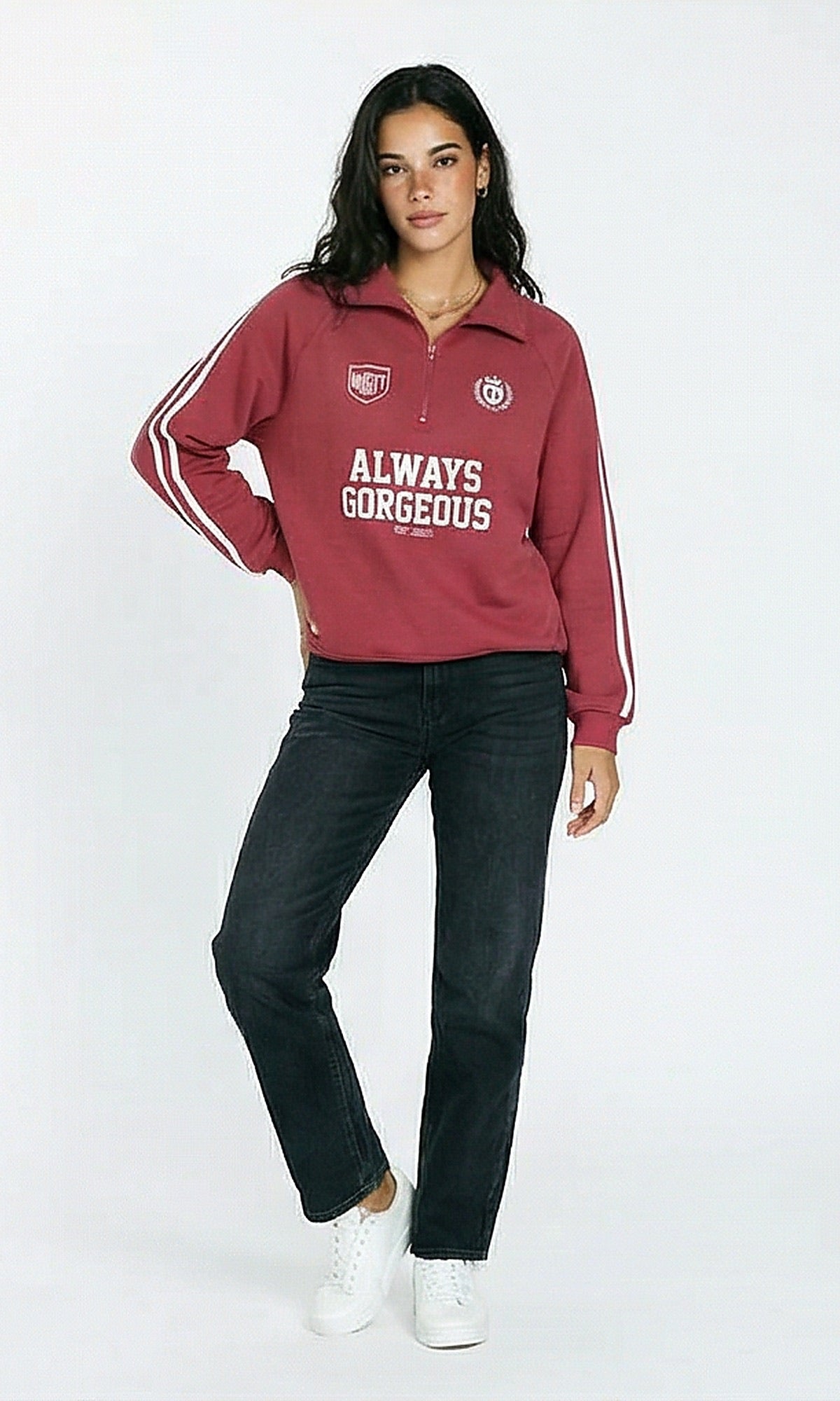 R215557 - Zipped Neck Printed Winter Sweatshirt - Ruby Red