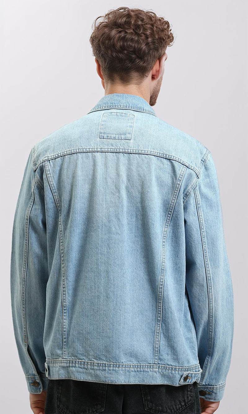 R215617 - Turn Down Collar Buttoned Denim Jacket - Light Blue