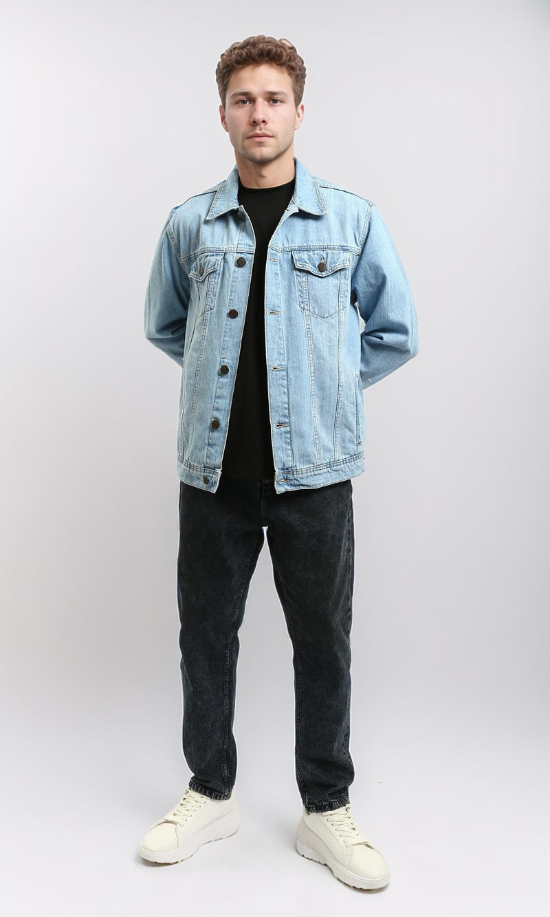 R215617 - Turn Down Collar Buttoned Denim Jacket - Light Blue