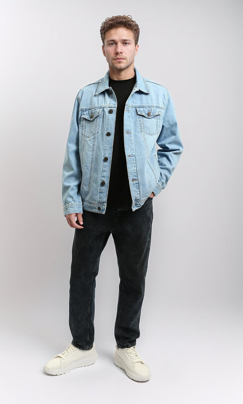 R215617 - Turn Down Collar Buttoned Denim Jacket - Light Blue