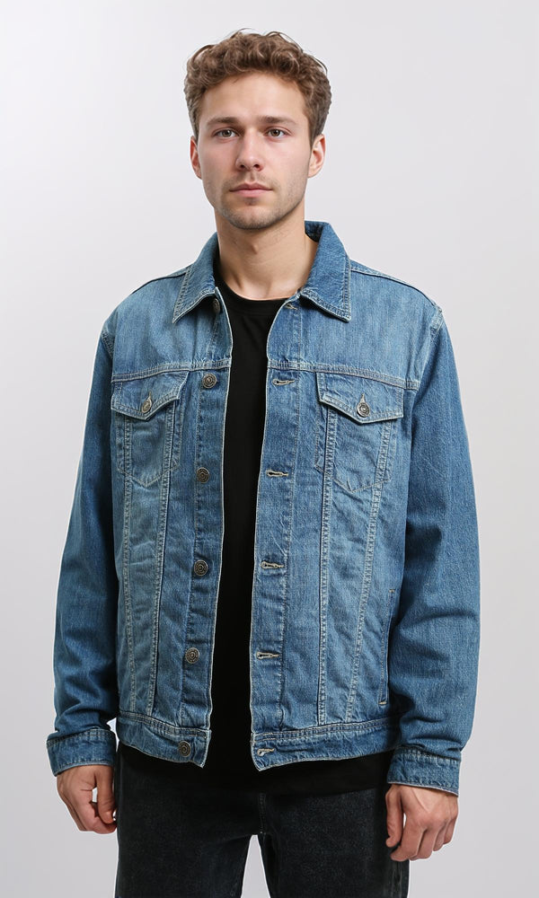 R215618 - Turn Down Collar Buttoned Denim Jacket - Medium Blue