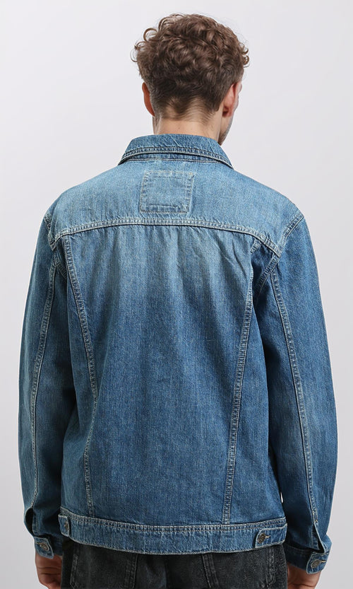 R215618 - Turn Down Collar Buttoned Denim Jacket - Medium Blue