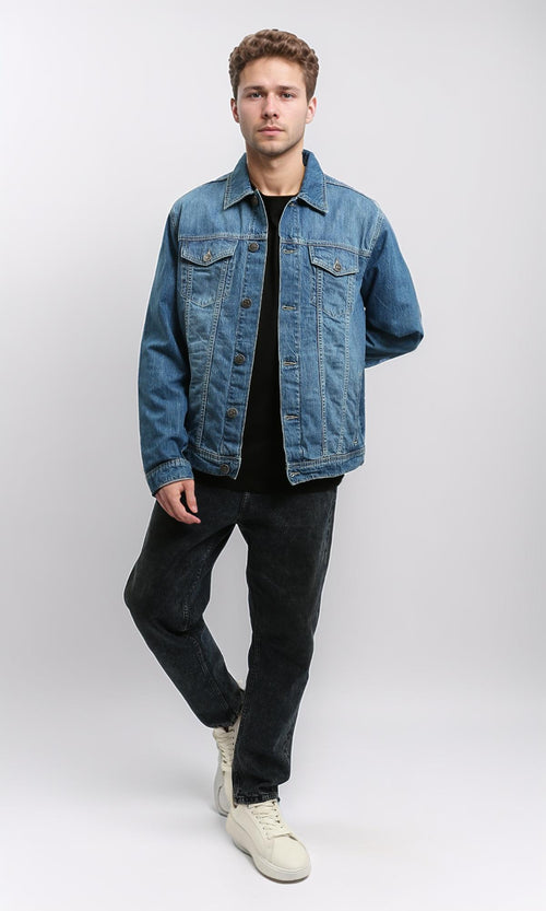 R215618 - Turn Down Collar Buttoned Denim Jacket - Medium Blue