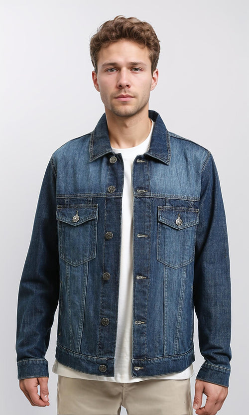 R215619 - Turn Down Collar Buttoned Denim Jacket - Dark Blue