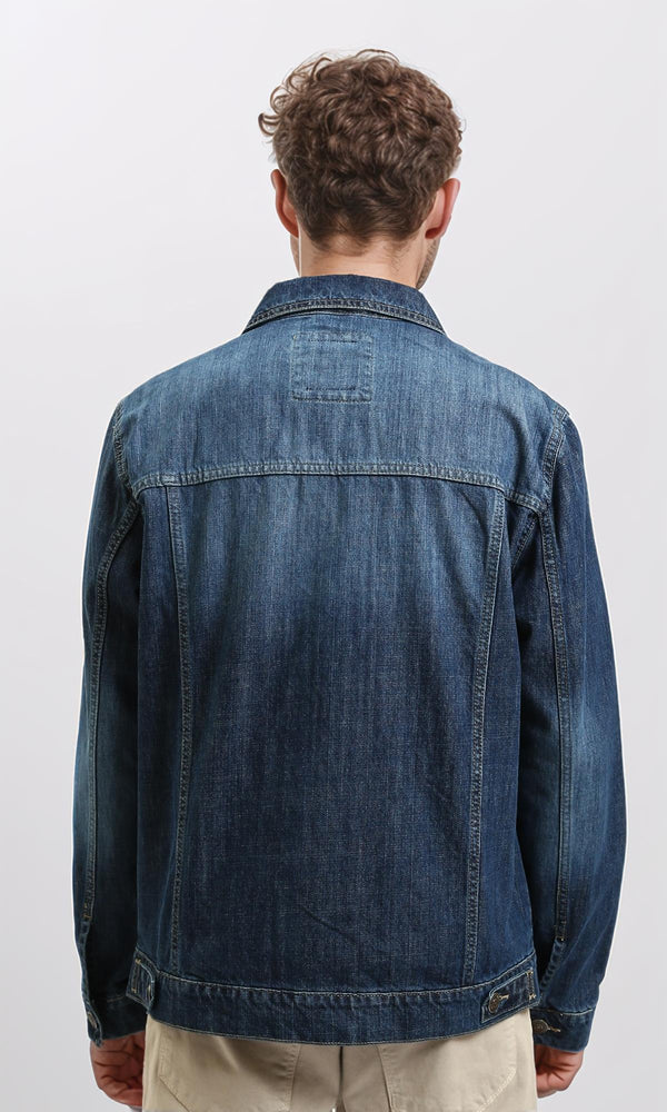 R215619 - Turn Down Collar Buttoned Denim Jacket - Dark Blue