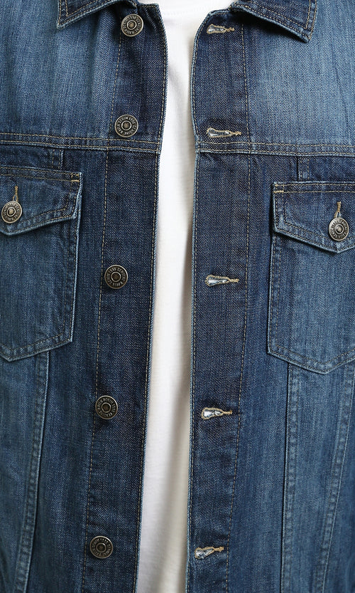 R215619 - Turn Down Collar Buttoned Denim Jacket - Dark Blue