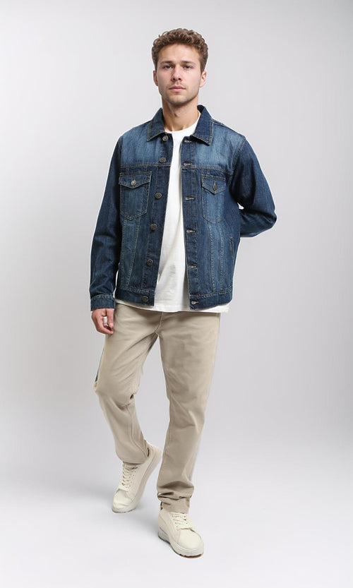 R215619 - Turn Down Collar Buttoned Denim Jacket - Dark Blue