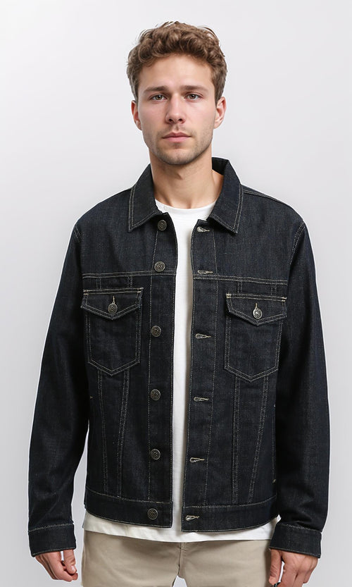 R215620 - Turn Down Collar Buttoned Denim Jacket - Blue Black
