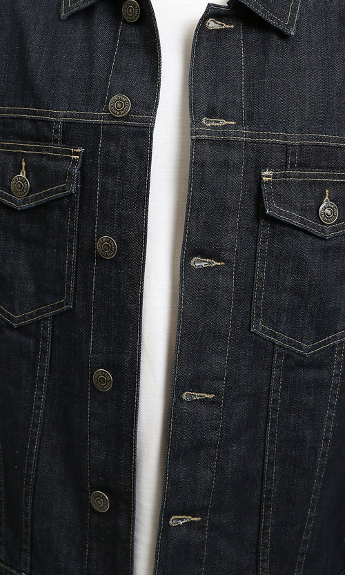 R215620 - Turn Down Collar Buttoned Denim Jacket - Blue Black