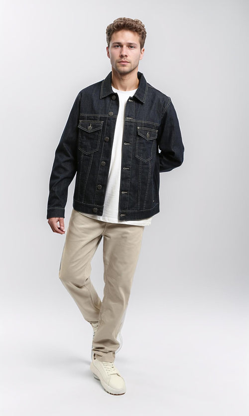 R215620 - Turn Down Collar Buttoned Denim Jacket - Blue Black