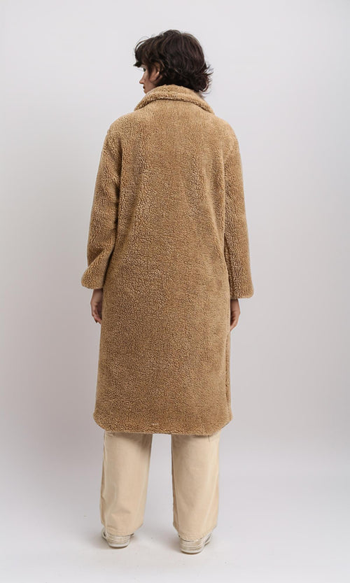 R215623 - Long Teddy Coat with Notched Lapel - Dark Camel