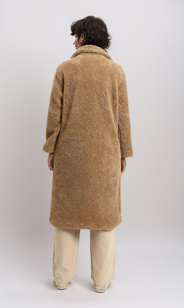 R215623 - Long Teddy Coat with Notched Lapel - Dark Camel