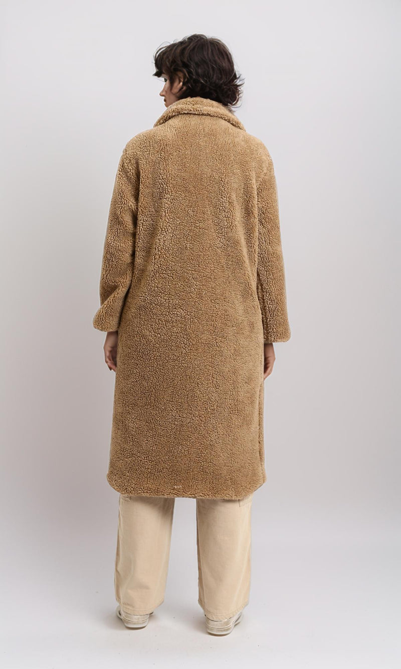 R215623 - Long Teddy Coat with Notched Lapel - Dark Camel